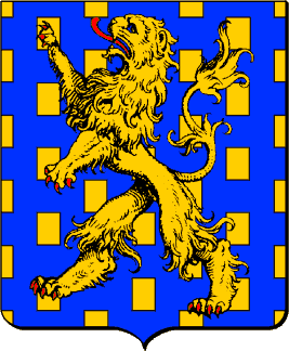 D'azur semé de billettes d'or, au lion couronné de même armé et lampassé de gueules brochant sur le tout